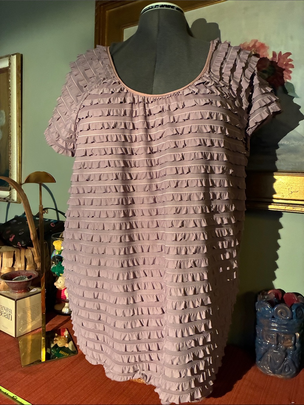 Moa Moa tiered ruffle blouse Light Pink-Violet capped sleeve Size XL